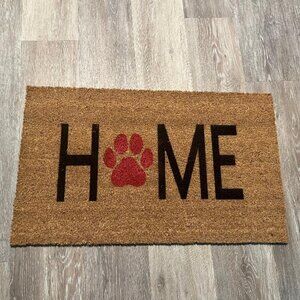 HOME with red dog paw decorative coir doormat